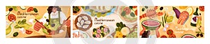 Mediterranean cuisine, cards set. Italian and Spanish food, diet. Seafood, fish, appetizer, restaurant snacks, pizza, vegetable