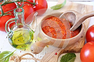 Mediterranean cuisine. Provencal sauce of ripe tomatoes, olive oil and basil