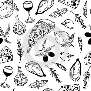 Mediterranean cuisine seamless vector pattern. Hand-drawn illustration. Ingredients for Italian dishes- pizza, olives, garlic