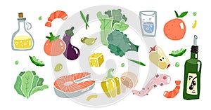 Mediterranean cuisine set. Adriatic food and cuisine. Healthy mediterranean diet. Long life diet. Vector collection.