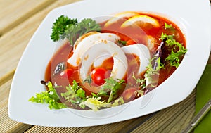 Mediterranean cuisine - tomato soup with squid
