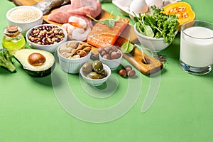 Mediterranean diet concept - meat, fish, fruits and vegetables