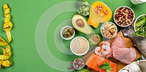 Mediterranean diet concept - meat, fish, fruits and vegetables