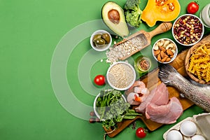 Mediterranean diet concept - meat, fish, fruits and vegetables