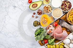 Mediterranean diet concept - meat, fish, fruits and vegetables