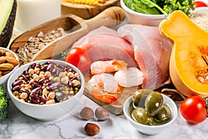 Mediterranean diet concept - meat, fish, fruits and vegetables