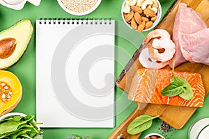 Mediterranean diet concept - meat, fish, fruits and vegetables