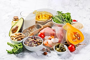 Mediterranean diet concept - meat, fish, fruits and vegetables photo