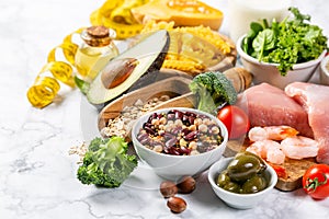 Mediterranean diet concept - meat, fish, fruits and vegetables photo