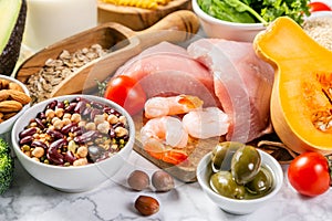 Mediterranean diet concept - meat, fish, fruits and vegetables photo
