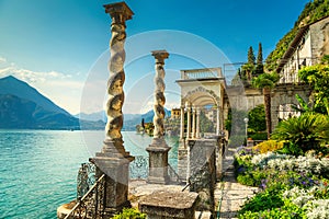 Mediterranean flowers and villa Monastero in background, lake Como, Varenna