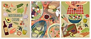 Mediterranean food with fish, salad and vegetables. Woman cooking healthy meal with fresh ingredients. Vector set of