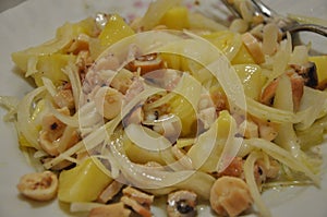 Mediterranean food: salad with octopus, potatoes and onions. octopus salad with potato, onion and olive oil.