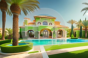 Mediterranean green villa with palm trees and pool, Ai generated