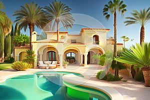 Mediterranean green villa with palm trees and pool, Ai generated