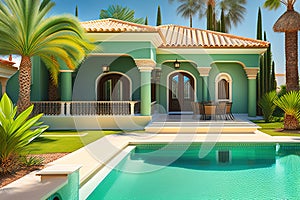 Mediterranean green villa with palm trees and pool, Ai generated