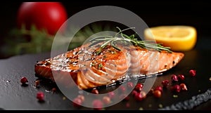 A Mediterranean grilled salmon steak with a few herbs. A slice of grilled salmon seasoned with rosemary. Restaurant photograph
