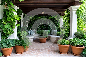 A Mediterranean-inspired garden with terracotta pots, aromatic herbs, and a central seating area under a pergola draped with vines photo