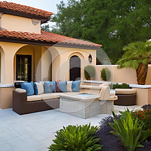 Mediterranean-inspired outdoor living area with clay tile roof and stucco walls1, Generative AI