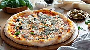 A Mediterranean-inspired pizza featuring olives and feta