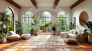 Mediterranean-inspired sunroom with terracotta tiles olive trees