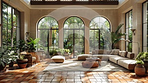 Mediterranean-inspired sunroom with terracotta tiles olive trees