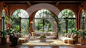 Mediterranean-inspired sunroom with terracotta tiles olive trees