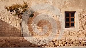 Mediterranean-inspired Tree By Stone Wall: Romanesque Architecture Photo