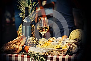 Mediterranean and italian food with pasta, cheese, sausages, herbs and wine