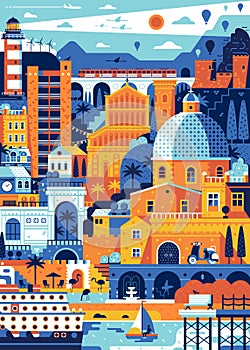 Mediterranean Italy Sea Town Cagliari Travel Poster