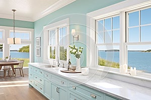 Mediterranean Kitchen with blue walls and large window sea view