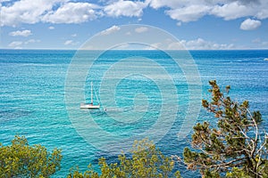 Mediterranean landscape, Mediterranean sea with a sailing boat in summer.