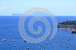 Mediterranean landscape. Sea view of the Gulf of Naples and the silhouette of the island of Capri in the distance. The province of