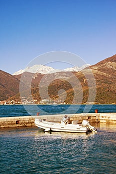 Mediterranean landscape on sunny winter day. Montenegro, Adriatic Sea. View of  Bay of Kotor near Tivat city
