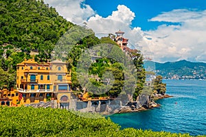 Mediterranean luxury homes and seaside gardens, Portofino resort, Liguria, Italy