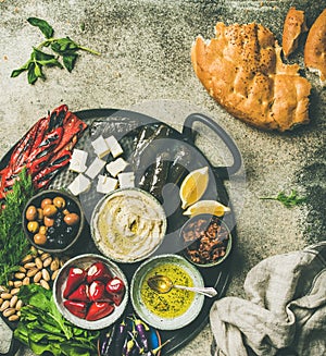 Mediterranean meze starter fingerfood platter in tray