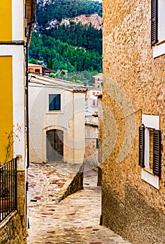 Mediterranean old village with narrow alley way in Estellencs, Majorca Spain