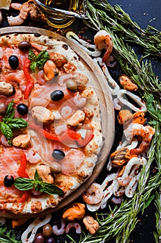 Mediterranean pizza seafood olive homemade recipe