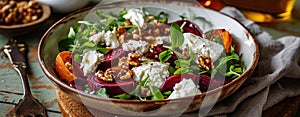 Mediterranean salad with goat cheese, beetroot, walnuts, olive oil and herbs.