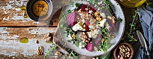 Mediterranean salad with goat cheese, beetroot, walnuts, olive oil and herbs.