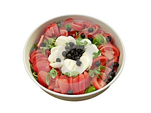 Mediterranean salade with tomatoes, avocado, mozzarella, mint and olives olio, Isolated plate on a white background. Traditional c