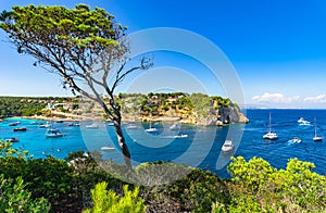 Mediterranean Sea bay of Portals Vells with yachts, Majorca Island Coast Spain