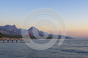 Mediterranean Sea and a beach at sunrise. Kemer, Turkey