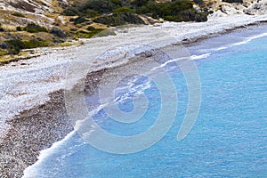 Mediterranean sea beach. White sand beach. Summer day seascape. Clear Water texture. Aerial view, sunny day over sea or