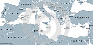 The Mediterranean Sea, countries and borders, gray political map