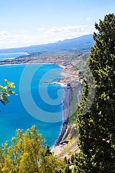 Mediterranean sea landscape and Etna mount in Sicily island, Italy