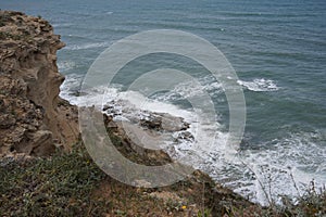 Mediterranean sea in spring. Deserted shorekurkar sandstone cliff nature reserve