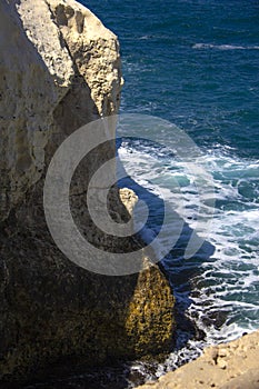 The Mediterranean Sea striking the Israel coastline the the Rosh Hanikra Grottoes