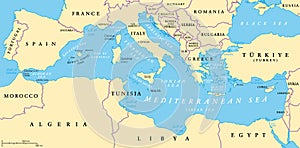 The Mediterranean Sea, political map with subdivisions