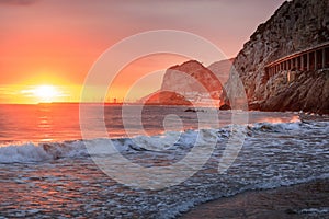 Mediterranean sea sunset at Port Ginesta beach, Sitges, Catalonia, Spain.